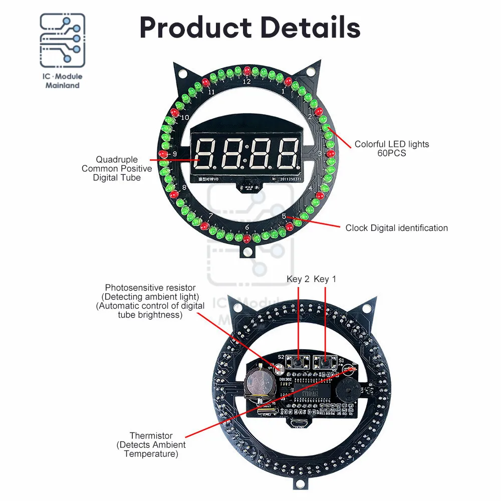 LED Fun Alarm Clock DIY Electronic Soldering Kit Multi-function Kitten Clock Creative Light Control Temperature