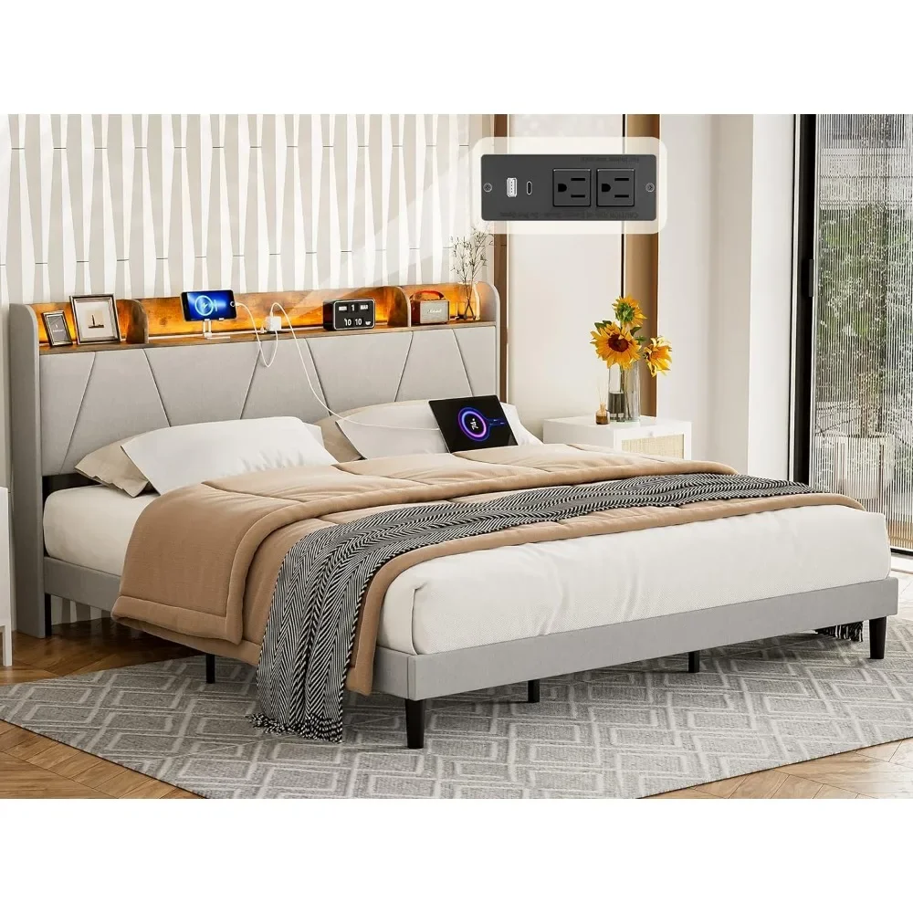 California King frame dengan stasiun pengisian daya & Headboard rak penyimpanan-2 Outlet dan 2 port USB, tidak memerlukan kotak pegas