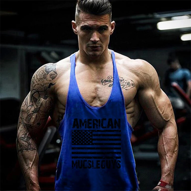 Professional Muslce Bodybuilding Stringer Tank Tops Mens Fitness Singlets Gym Clothing Printed American Flag Cotton Running Vest