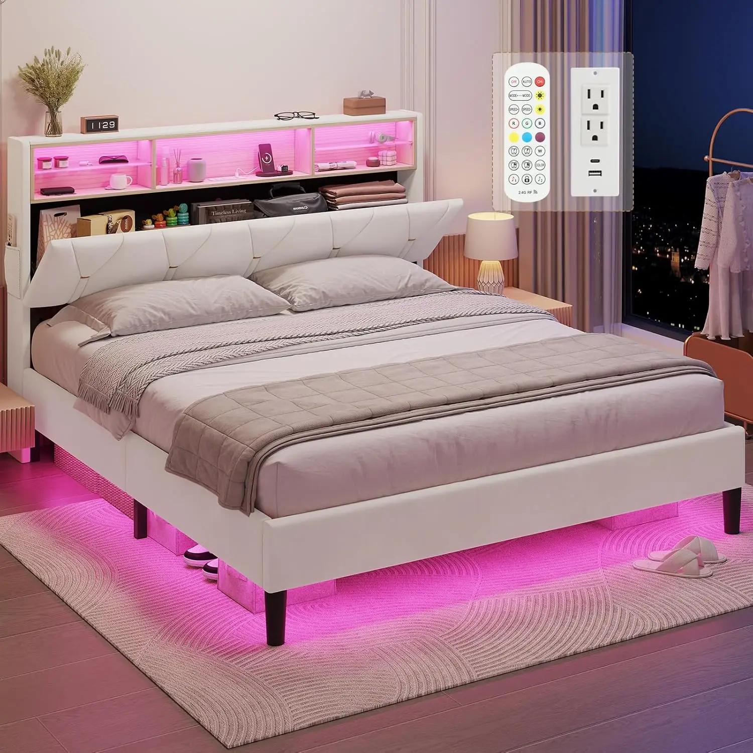 Led Full Bed Frame Met Type-C En Usb Oplaadstation, Full-Size Bedframe Met Opberghoofdeinde, Melkachtig Wit