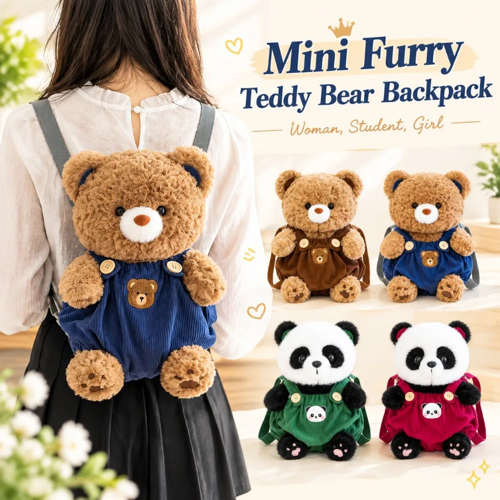 Furry Teddy Bear Backpack Adjustable Straps Lightweight Panda Storage Pouch Portable Versatile Stuffed Toy Bag