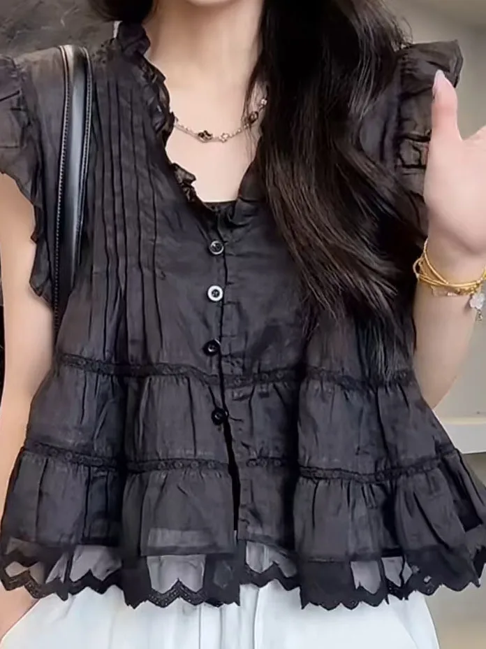 Summer Loose Large Size Women's irt Fairy Sve Lace Trim V-Ne Svel Top Gentle Wind Earlet Floral 