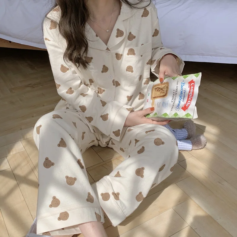 Cartoon Bear Shirts + Trousers Two Piece Pajamas Set Women Korean Kawaii Print Sleepwear Cotton Home Suit Vintage Homewear