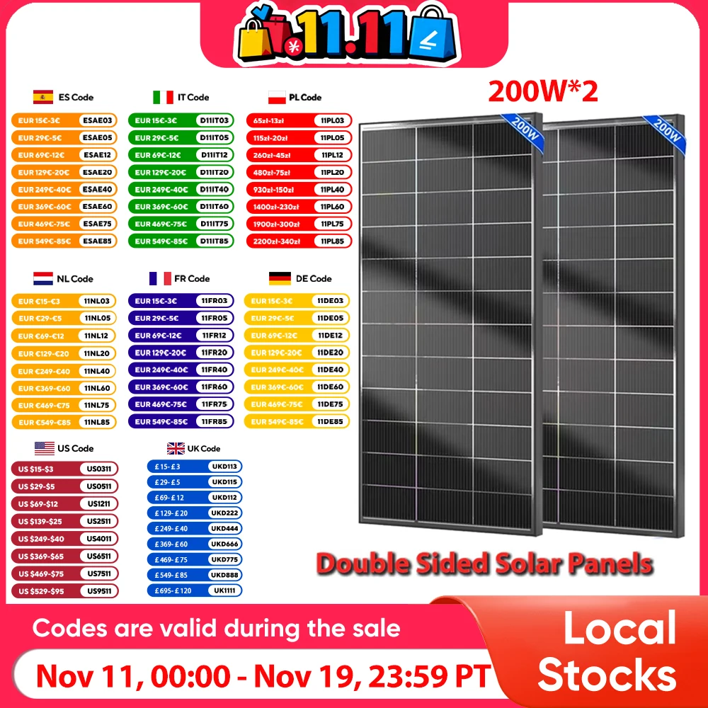 WERCHTAY 200 واط 12 فولت لوحة مزدوجة الجوانب ألواح الأنظمة الشمسية أحادية البلورية 16BB الخلايا الشمسية الطاقة الكهروضوئية للمنزل على السطح قارب #1