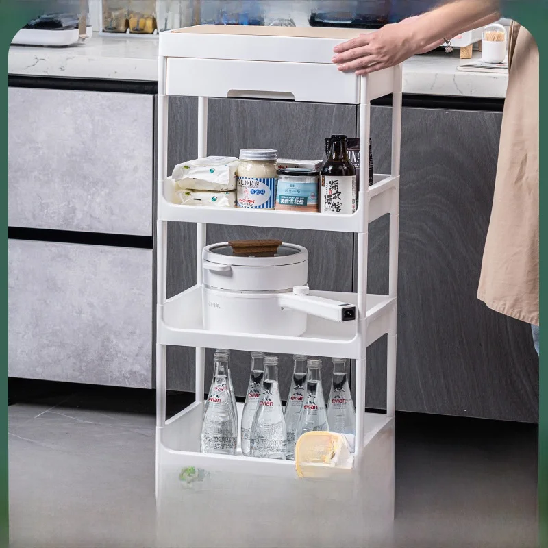 プラスチック製多層収納ラック-木製カバー付き-移動式バスルームオーガナイザー-家庭用-床置き小型カート-キャスター付き