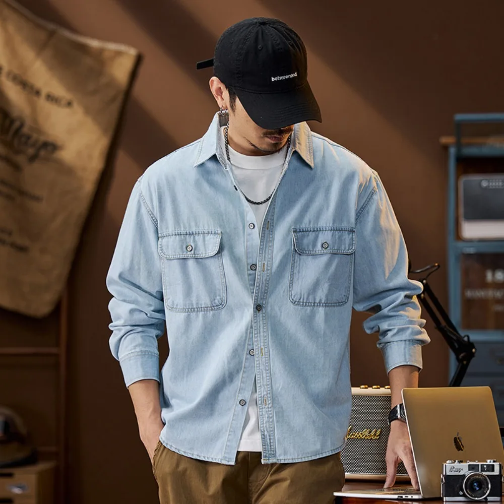 Light Washed Denim Shirt Men Double Chest Pockets Lapel Long Sleeve Oversized Casual Shirts Streetwear Workwear Shirt Jacket