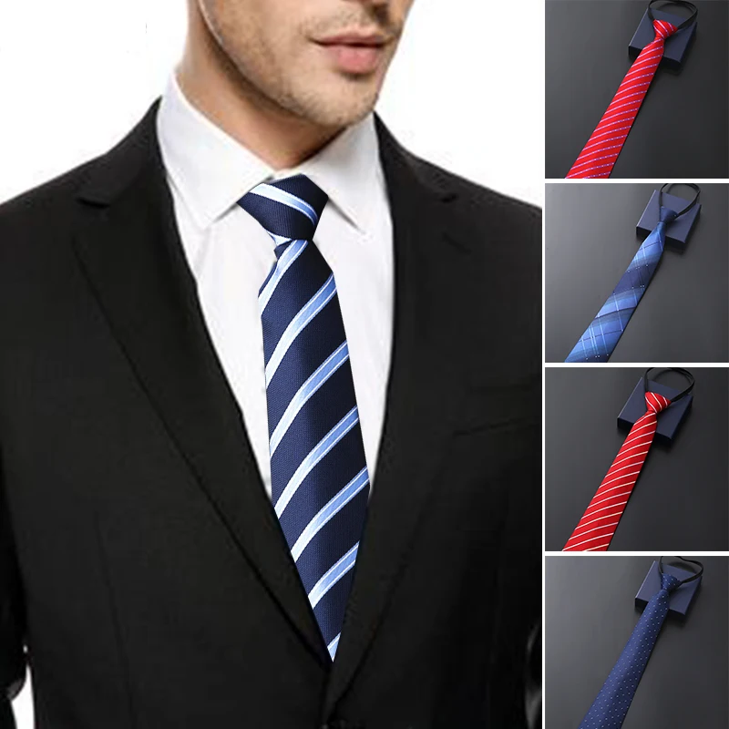 Zíper preguiçoso dos homens Slim Skinny Tie, cor sólida, desgaste formal do vestido do negócio, gravata listra, presentes por atacado