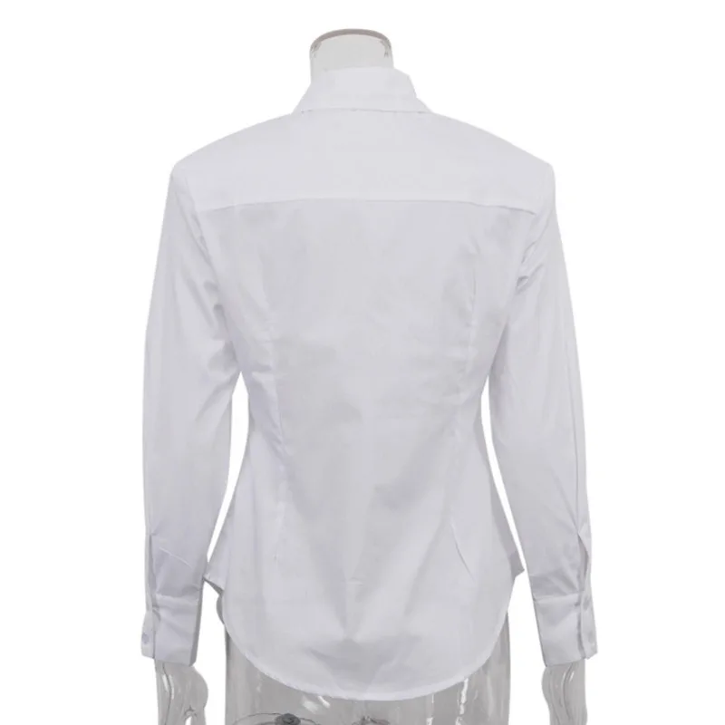 EAEOVNI Weißes, modisches Hemd mit geraffter Taille für Damen, Revers, lange Ärmel, einfarbig, Knopf, vielseitige Tops, 2025, Neu 1A1677