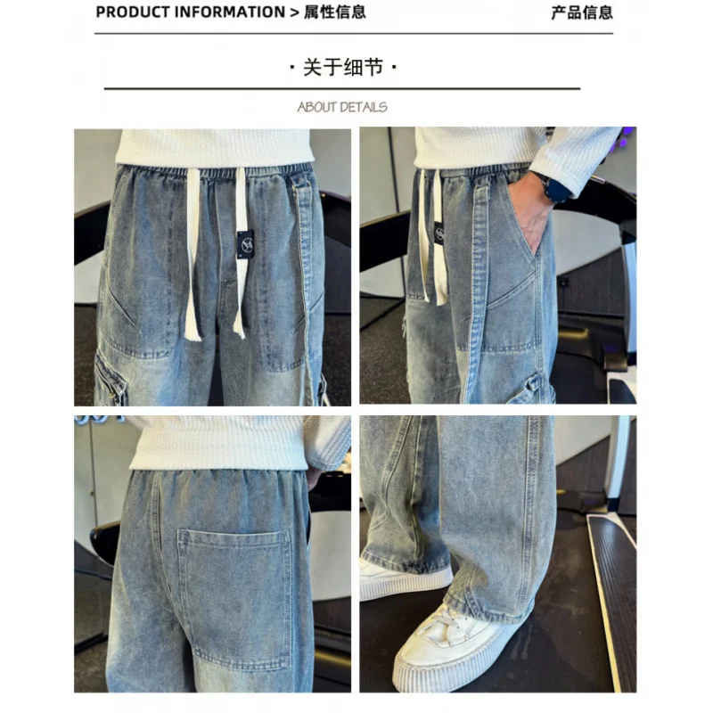 Celana Jeans Pria Berkualitas Tinggi GIOIOMen, Celana Denim Kasual Cargo Multi-Kantong dengan Tali Serut di Pinggang, Musim Gugur Musim Dingin 2025