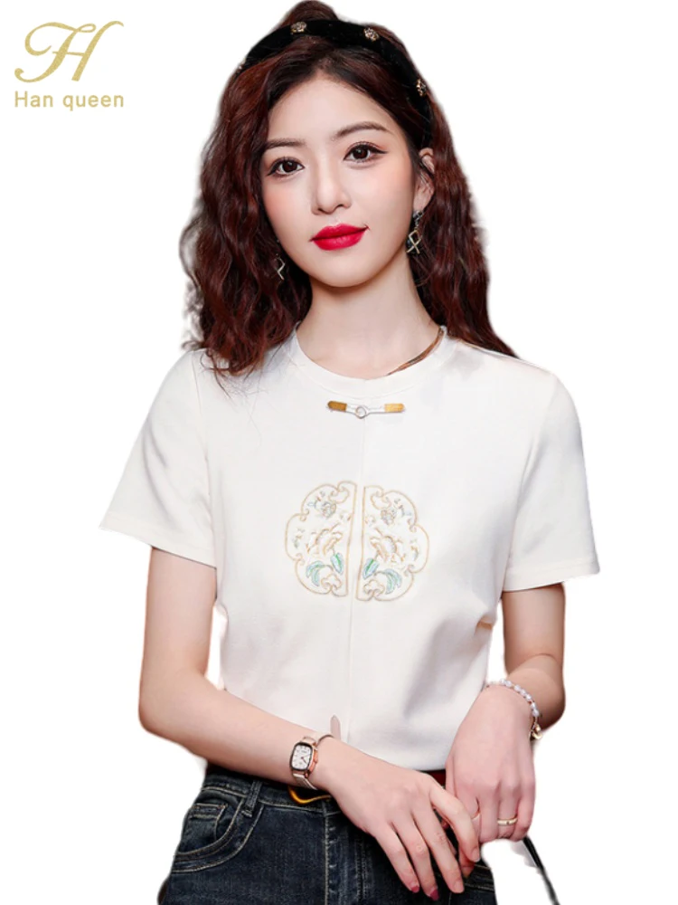 H Han Queen 2024 Summer Clothes Short Sleeve Office Vintage Tops Chic Korean Blouses Women Simple Basics Casual Vintage T-Shirts