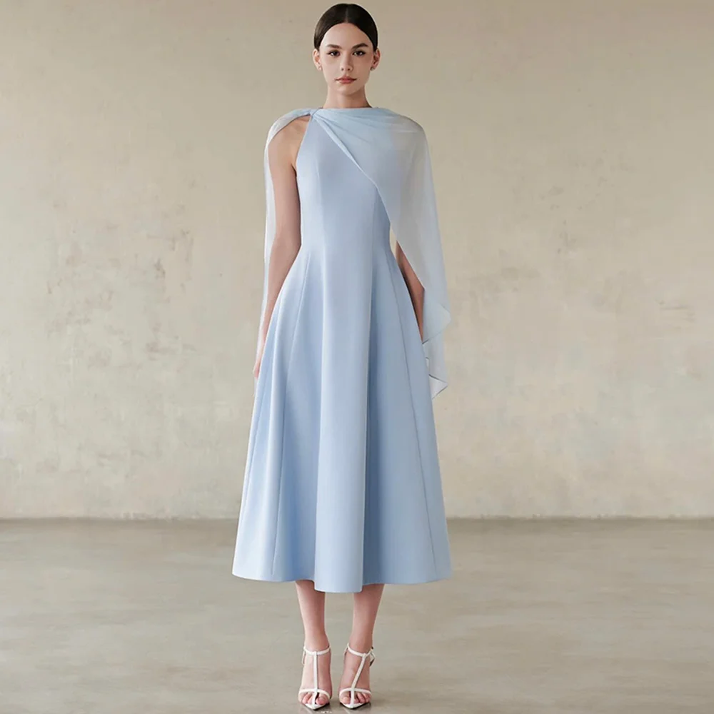 

Simple Blue Jersey Tea Length Evening Dress Customized Sleeveless O-Neck Zipper Back Party Dress Modern Chiffon Shawl Prom Dress
