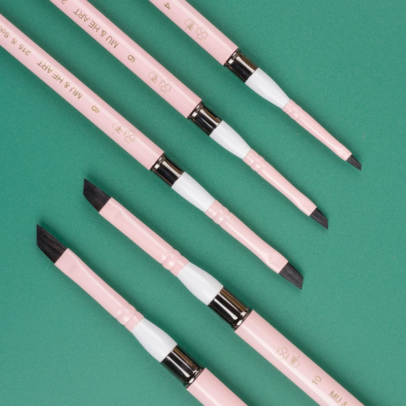 قلم صغير وردي فاتح شعر السنجاب ، فرشاة ألوان مائية مختلطة الفنان ، قبعة نحاسية ، رأس بيضاوي مائل مسطح ، 215 MU HE Art #4