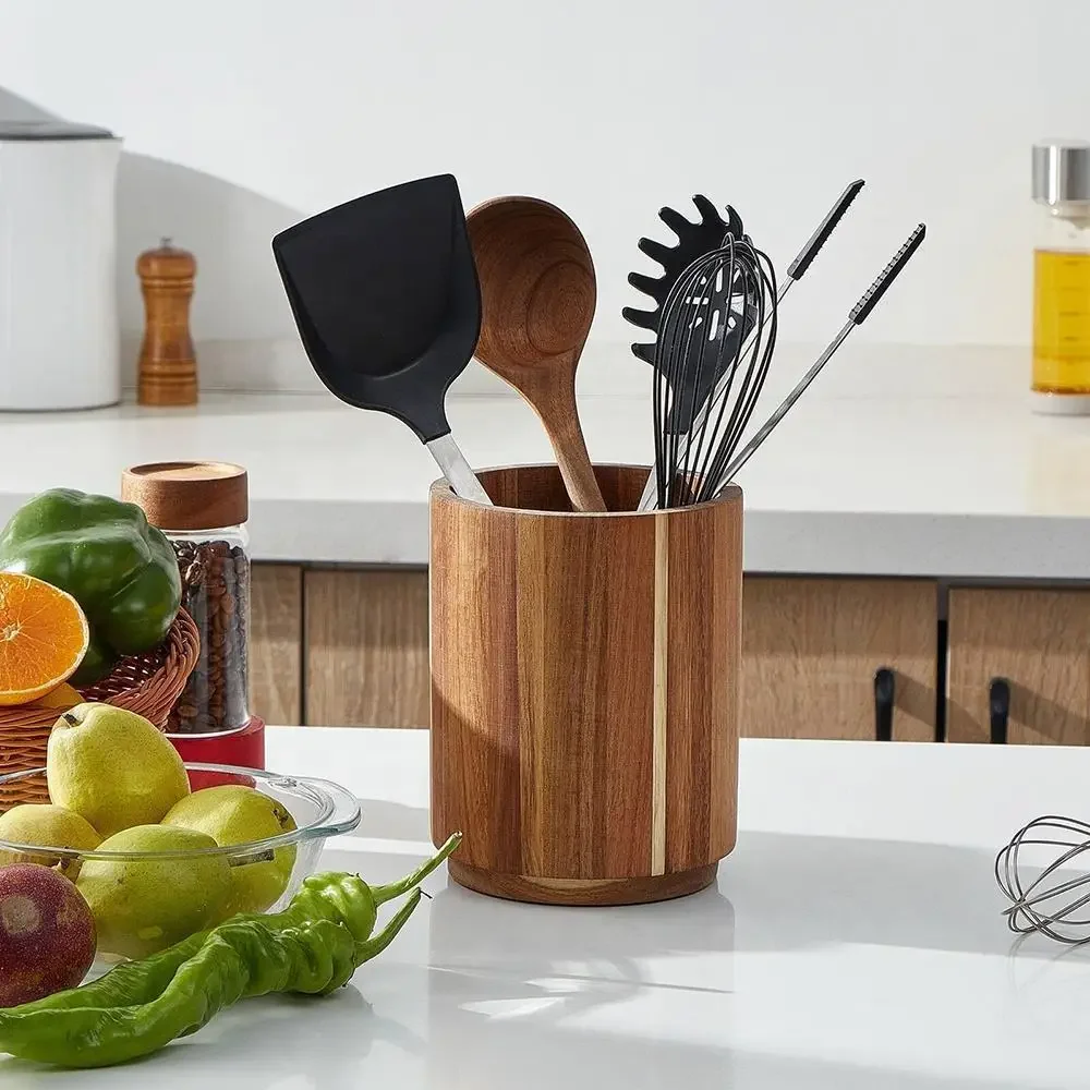 Acacia Wood Rotating Utensils Holder,Kitchen Countertop Organizer for Spoons,Forks,Knives,Cutlery Gadget Tools Storage Container