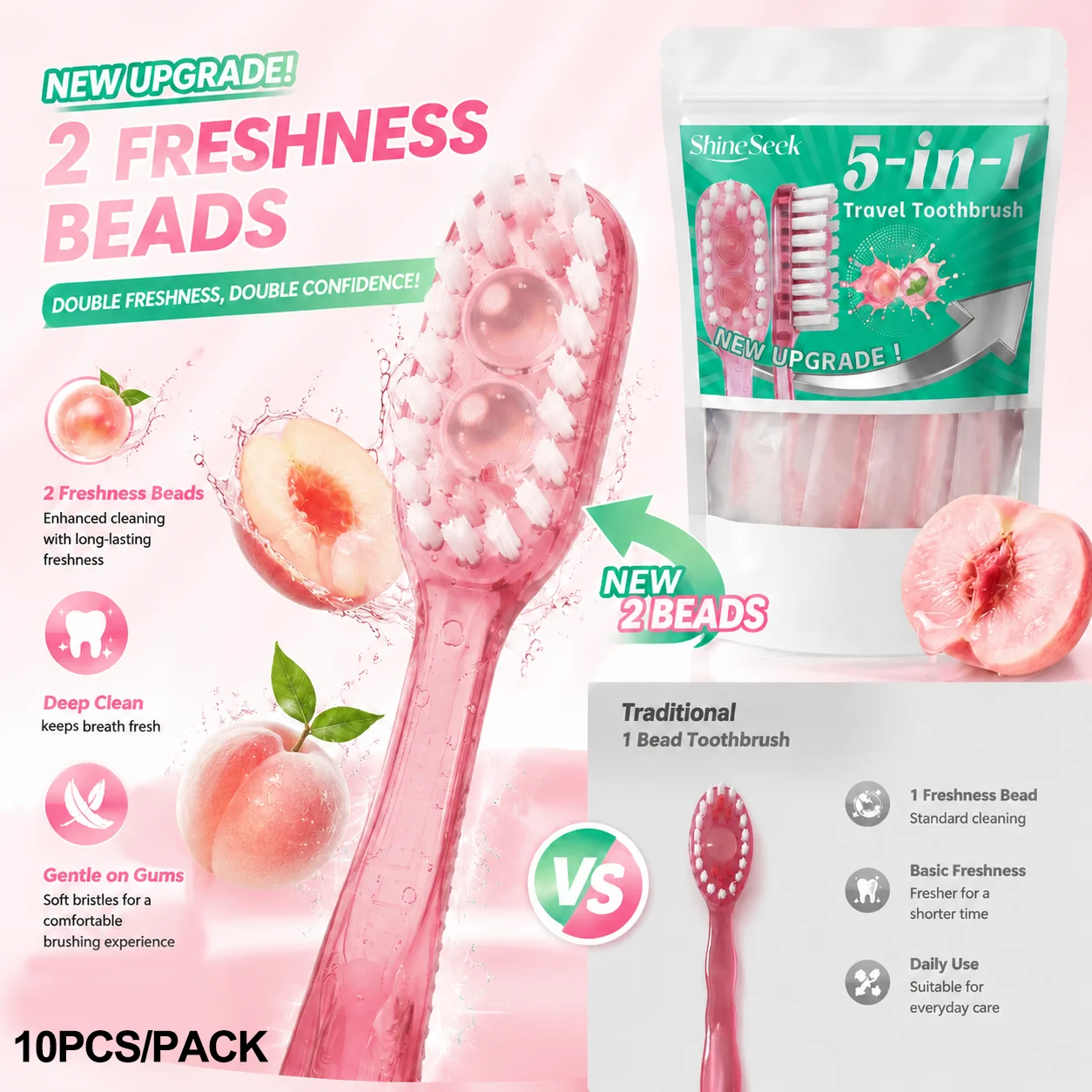 Newly Upgraded Dual-Effect Freshening Beads 10Pcs/Pack, Multifunctional 5-in-1 Cleaning Toothbrush, Peach Mint Flavor, Includes Two Freshening Beads + Toothbrush + Dental Floss + Interdental Cleaning Stick + Tongue Scraper, Five Major Features, Convenient and Soft, Soft Bristle Design, Teeth and Gum Care | Travel Essentials | Individually Packaged | Soft | Mint Peach Flavor | Travel Toothbrushes Are the Best Choice for Smart Families!