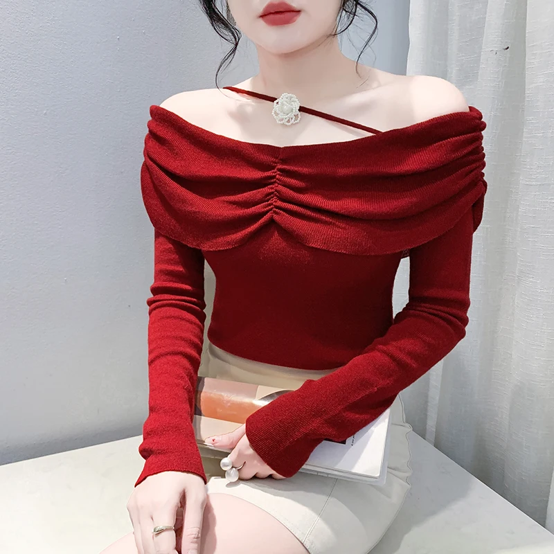 2025,European Clothes Fall Winter Knitted T-Shirt Chic Sexy Off Shoulder 3D Patchwork Women Pullover Long Sleeve Tops Tees 41001
