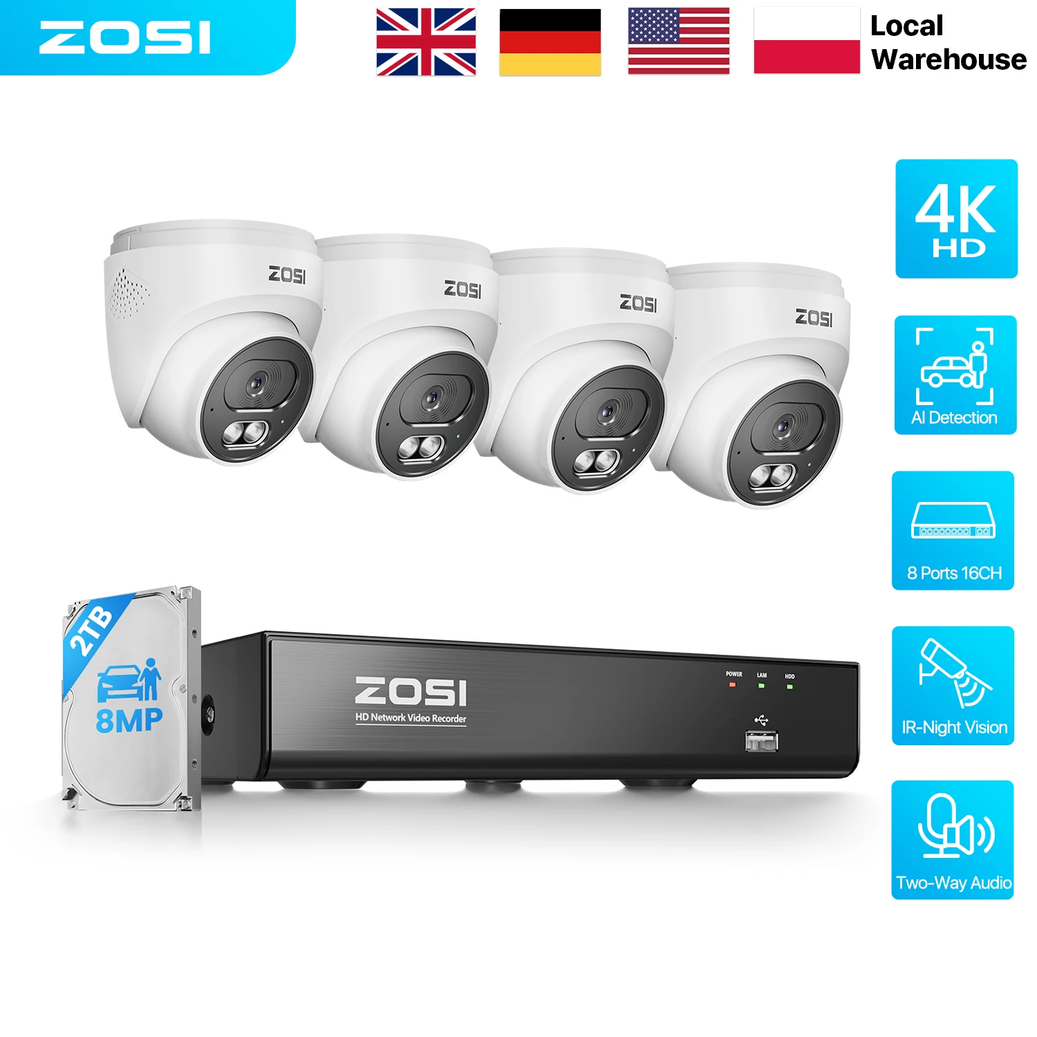 Système de caméra de sécurité CCTV PoE ZOSI 4K, caméras IP PoE 8MP, extérieur/intérieur, audio bidirectionnel, NVR 8 canaux (extensible à 16 canaux), surveillance vidéo C220