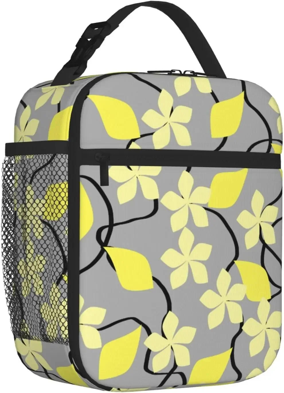 SWEET TANG Lunch Box Insulated Lunch Bag With Adjustable Shoulder Strap & Bottle Holder (Grey Yellow Gray Flowers Floral)