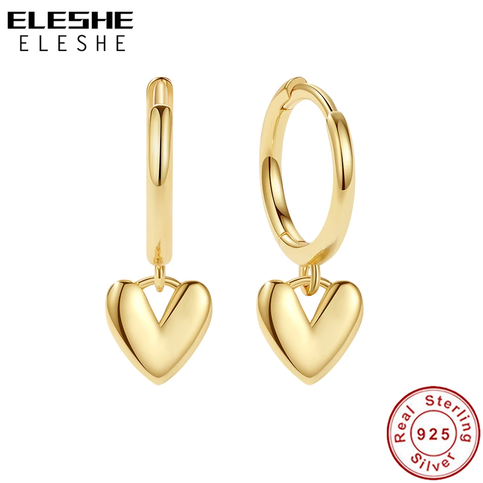 ELESHE 925 Sterling Silver Romantic Sweet Love Heart Pendant Hoop Earrings for Women Classic Earrings Korean Trend Charm Jewelry