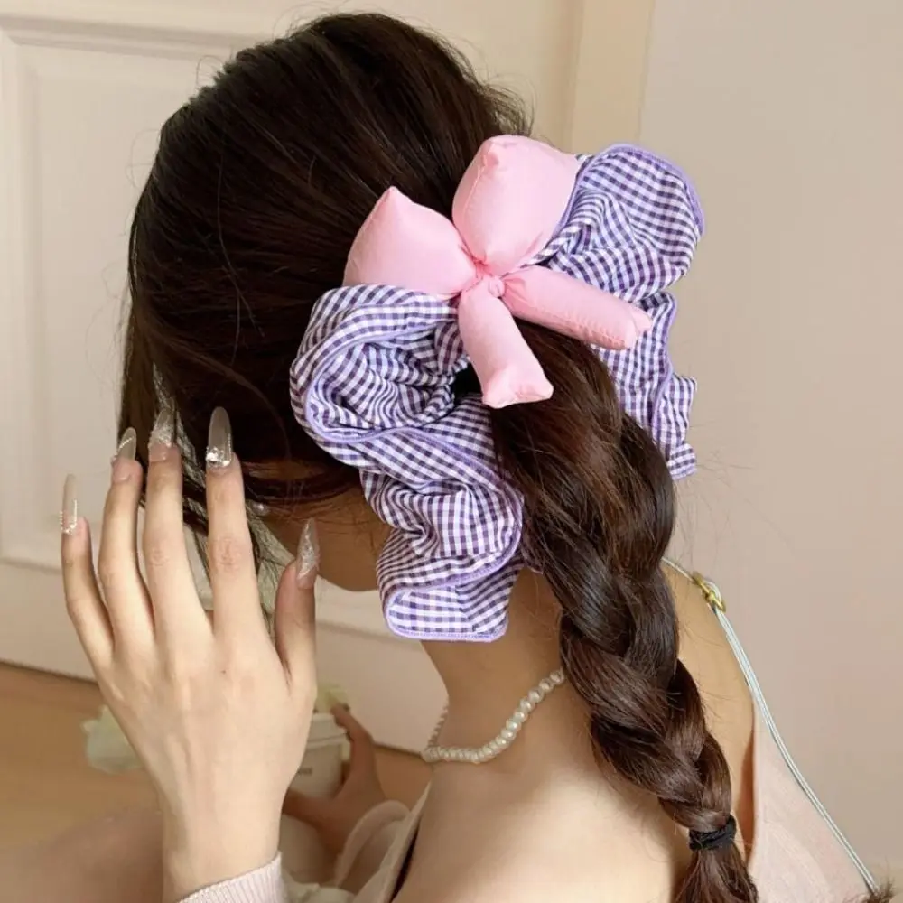 Модные милые решетчатые резинки для волос, тканевые резинки для волос с бантом и рюшами, веревка для волос, держатель для хвоста, большая резинка для волос для женщин