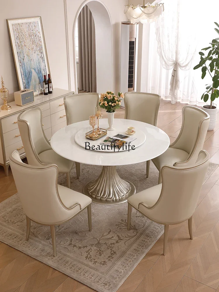 

09Z.French light luxury dining table household American round table with turntable restaurant furniture