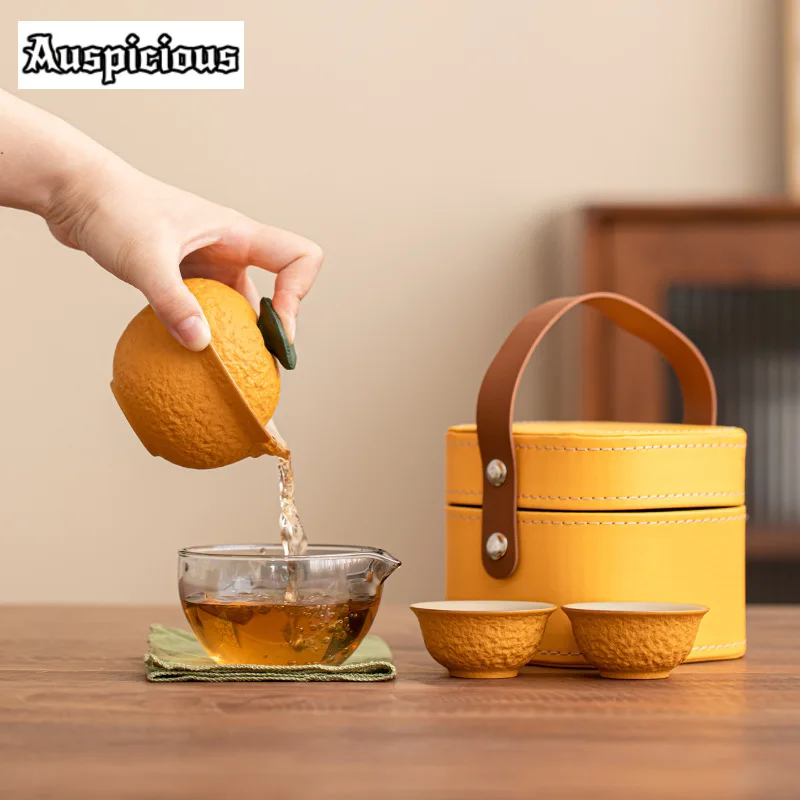 Bionic Ugly Orange Ceramic Tea Set Kit Japanese Set of Cups 1 Pot 2 Cups Tea Making Travel Tea Set Portable Handbag Decoration