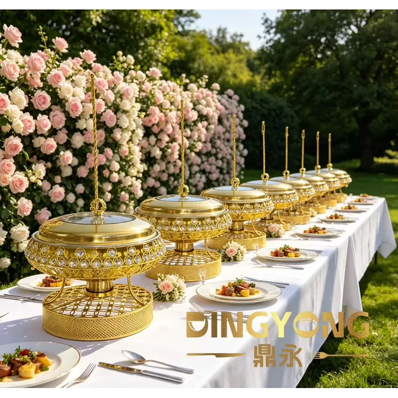 Gold stainless steel round hanging insulator with glass lid and stove for wedding event catering