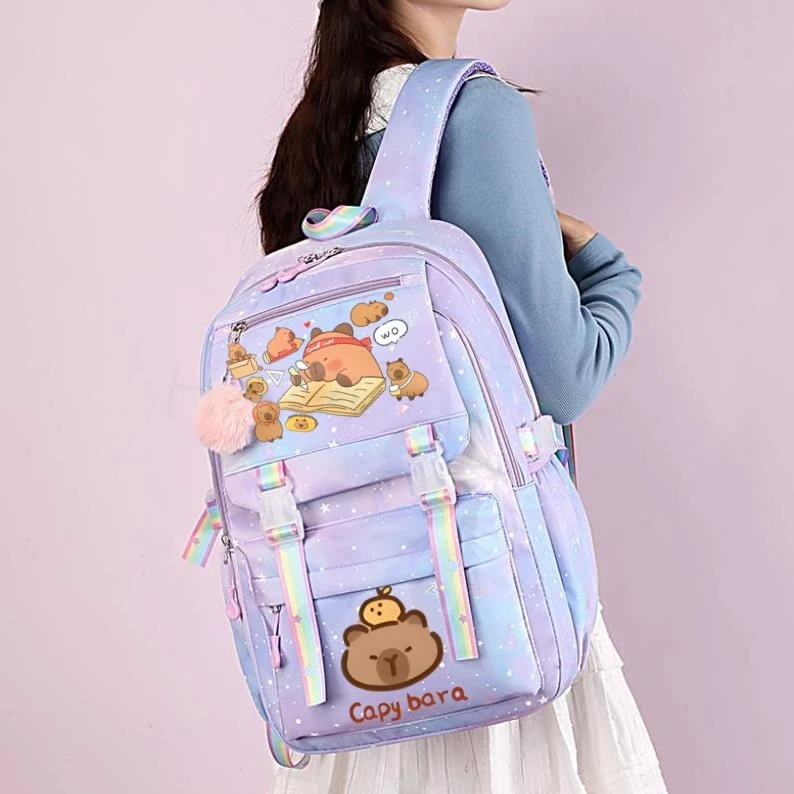 귀여운 Capybara 학교 가방 고등학생 배낭 십대 소녀 대용량 중학교 노트북 Mochila 4 색