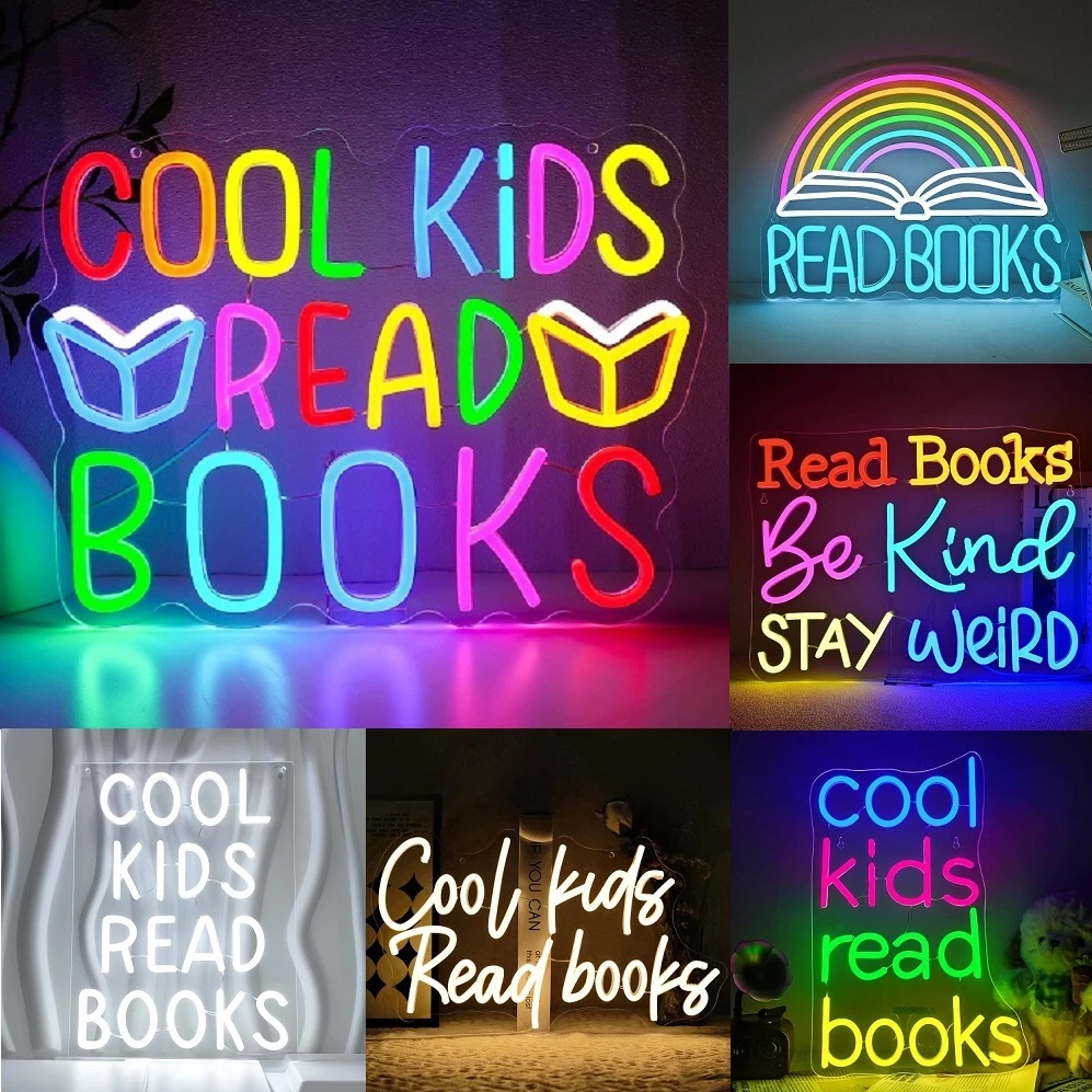 Cool Kids Read Books Neon Led Sign Art Letter Wall Light Up Sign Room Decoration For Kid's Bedroom Library Reading Club USB Lamp