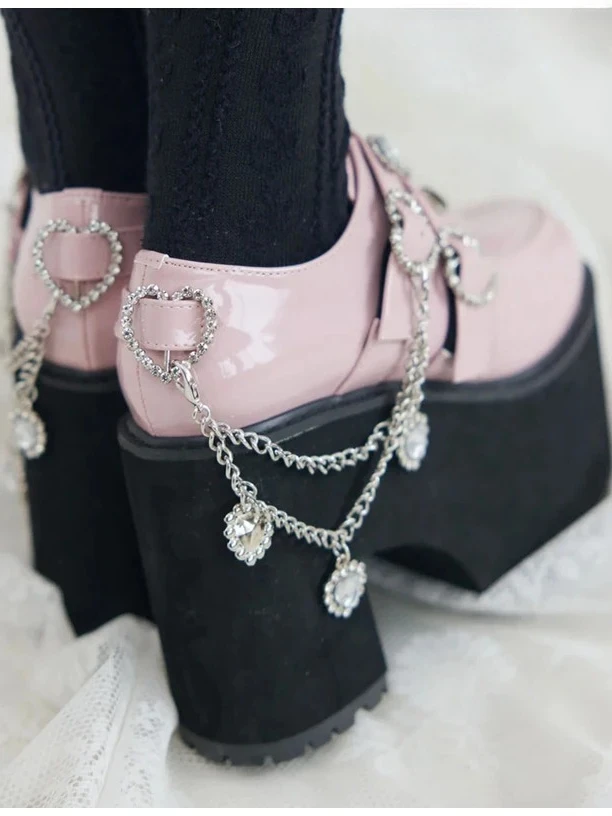 

Spring Autumn Japanese Lolita Style Rhinestone High Heel Pumps Heart Chain Thick Sole Platform Mass-Produced Women's Shoes