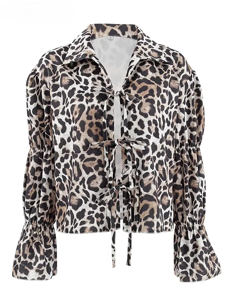 

2025 Streetstyle Overhemden Met Luipaardprint, Kanten Dames Pofmouwen, Revers, Cropped Blouses En TopsKantoor