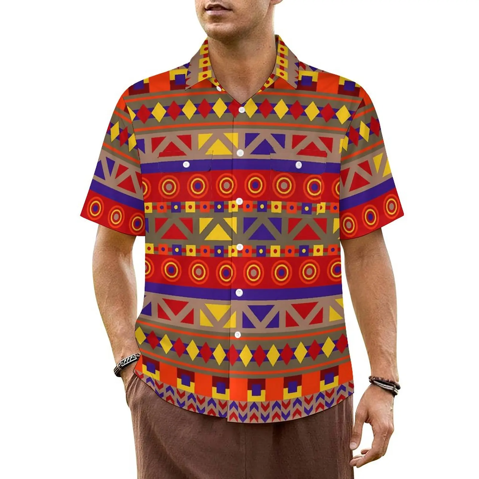 

Рубашка мужская в этническом ретро стиле, элегантная Гавайская сорочка с этническим принтом, с коротким рукавом, уличная одежда для отпуска, блузка оверсайз, красный цвет