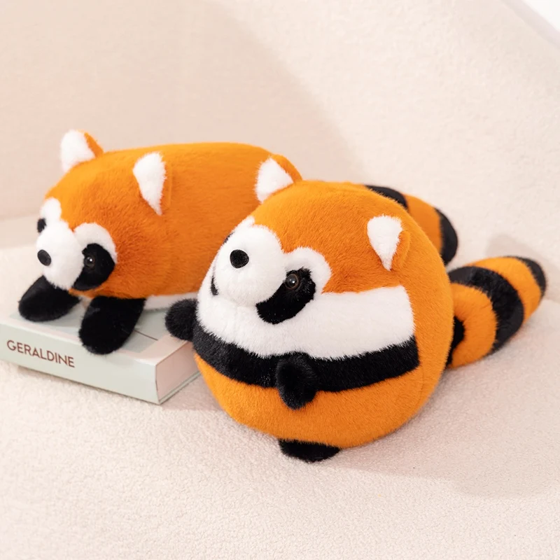 Stuffed Anime Figure Doll Round Red Panda Plushie Doll Fluffy Hair Red Raccoon Animals Hug Throw Pillow