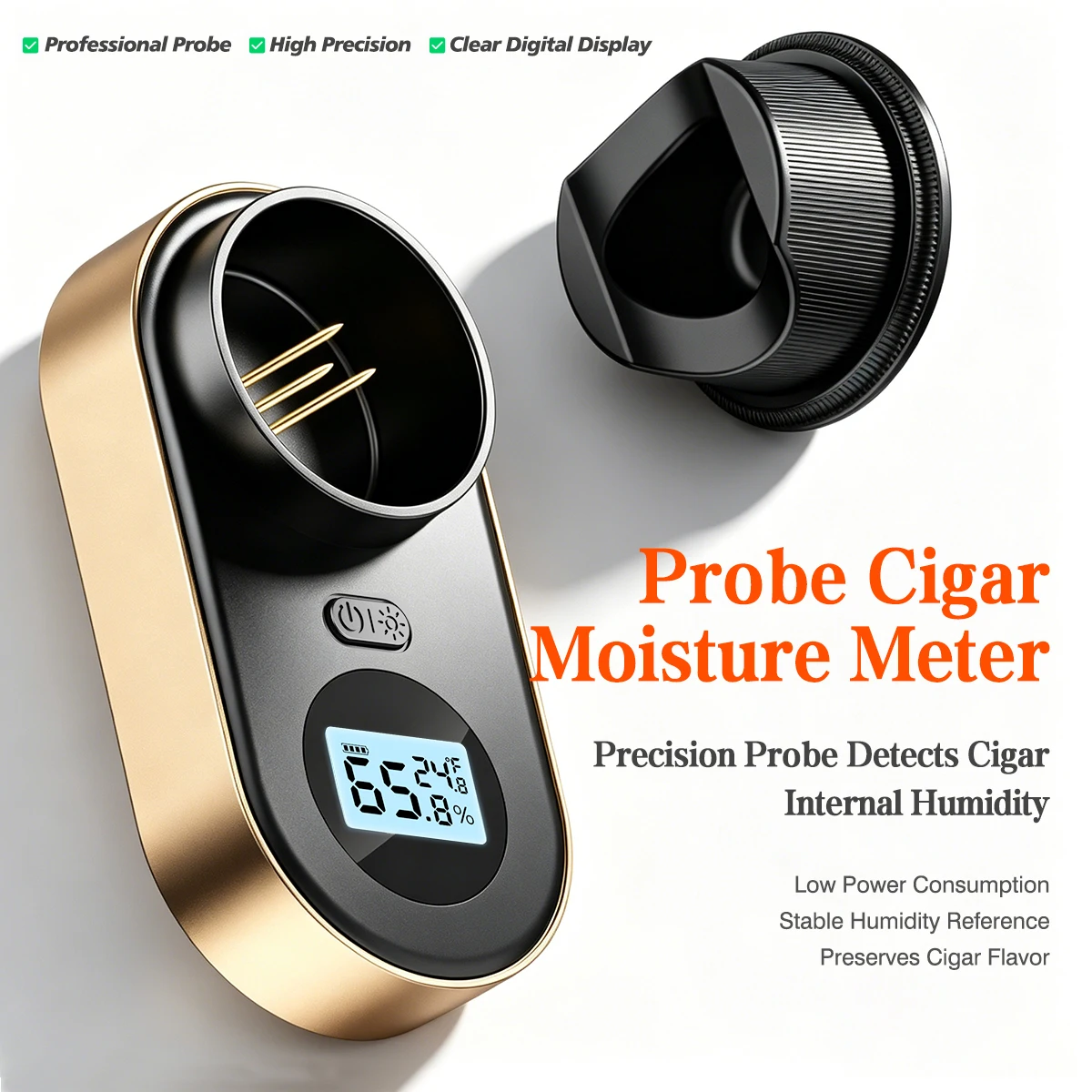 LED Display Cigar Hygrometer, Rechargeable USB-C Cigar Accessory, Humidity Color Alarm with Built-in Cigar Stand for Humidor