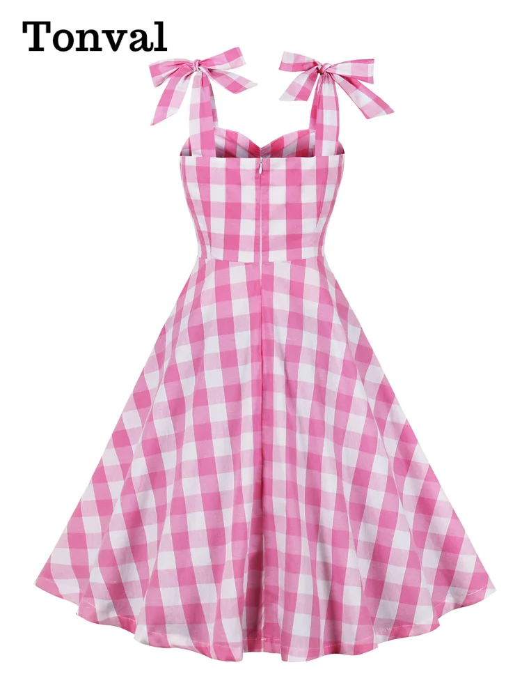 Tonval Pink and White Gingham Bow Tie Strap Backless Summer Dresses for Women 2023 Sweetheart Neck 100% Cotton Vintage Dress