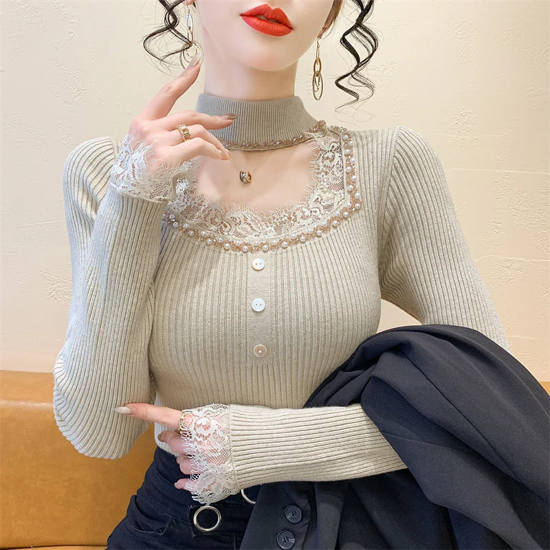 Maglione lavorato a maglia da donna pesante con giunture in pizzo rosa V-Ne Appeso Ne Design Autunno Inverno Nuovo Sle Faionable Base irt