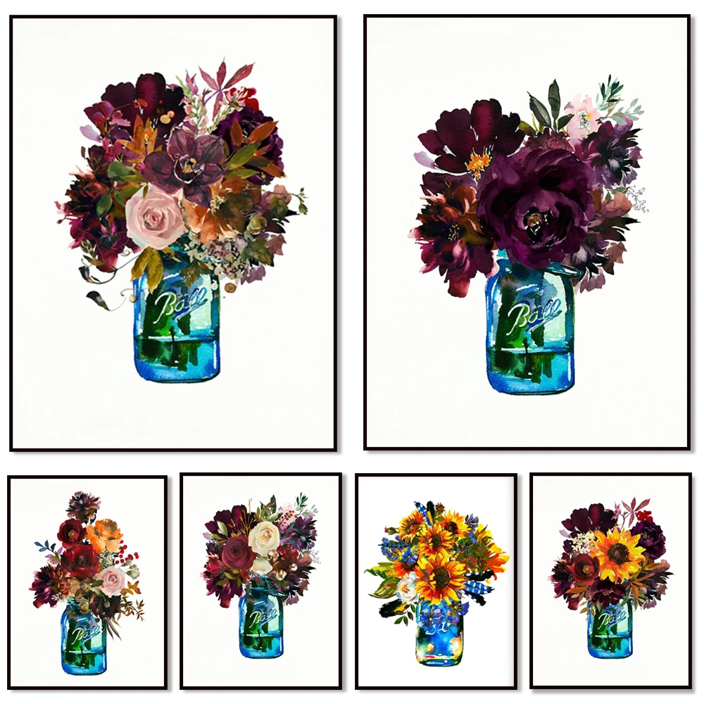 Watercolor flowers bouquet print Mason jar print Mason jars Floral Mason jar painting Still life Flowers Farmhouse canvas wall a