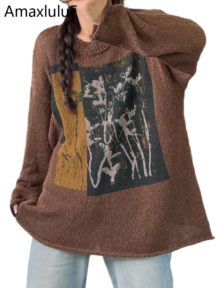 

Amax LuluE Brand 2025 Fall Fashion Womens Printed Sweaters Loose Casual Knitted Pullover Ladies Floral Big Size O Neck Jumpers