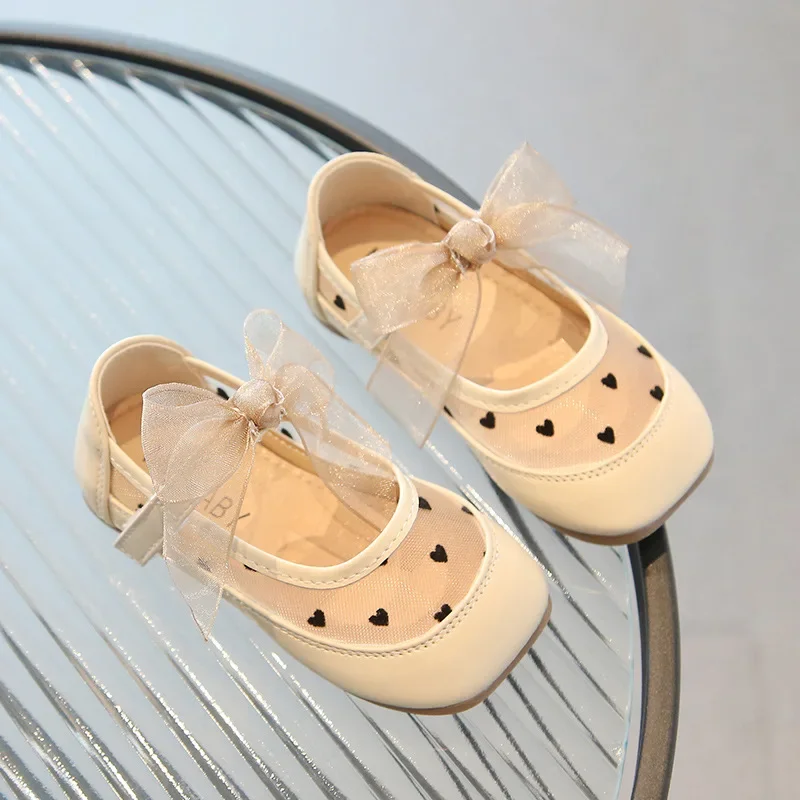 2024 Summer New Children Flat Shoes Girls Mary Janes Mesh Bowknot Casual Shoes Kids Square Toe Non-slip Leisure Comfy Baby Shoes