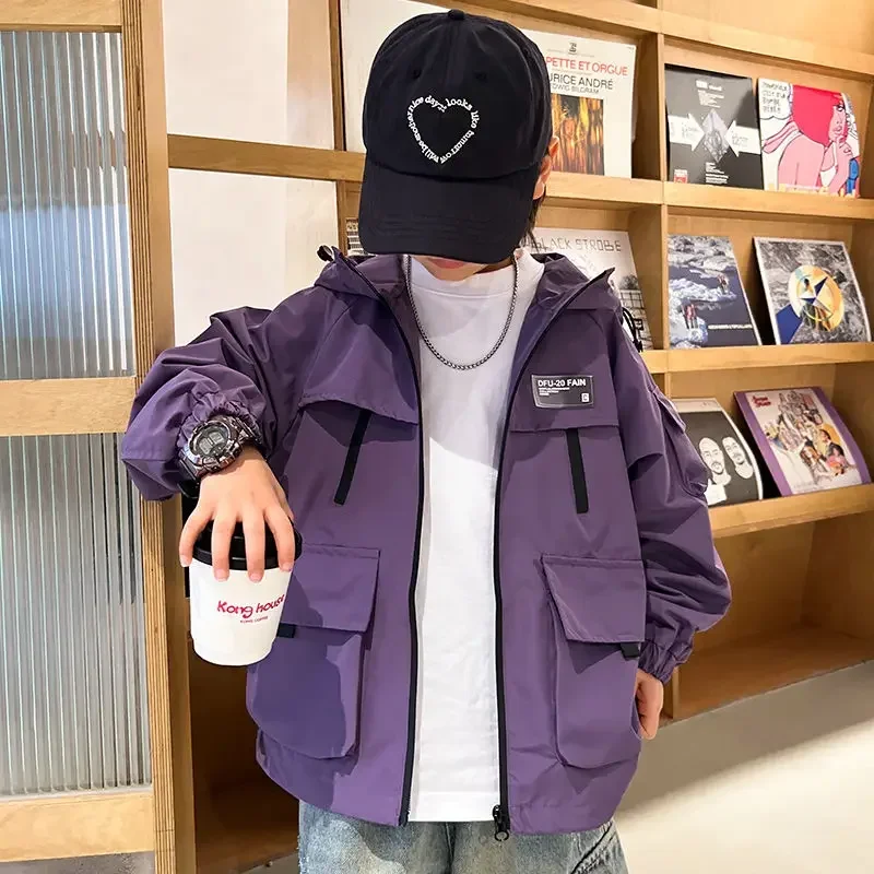 2024 Autumn Girls Boys Casual Windbreak Purple Black Hooded Jacket Baby Kids Children Outerwear Coat 4-14 Yrs Korean Overcoat