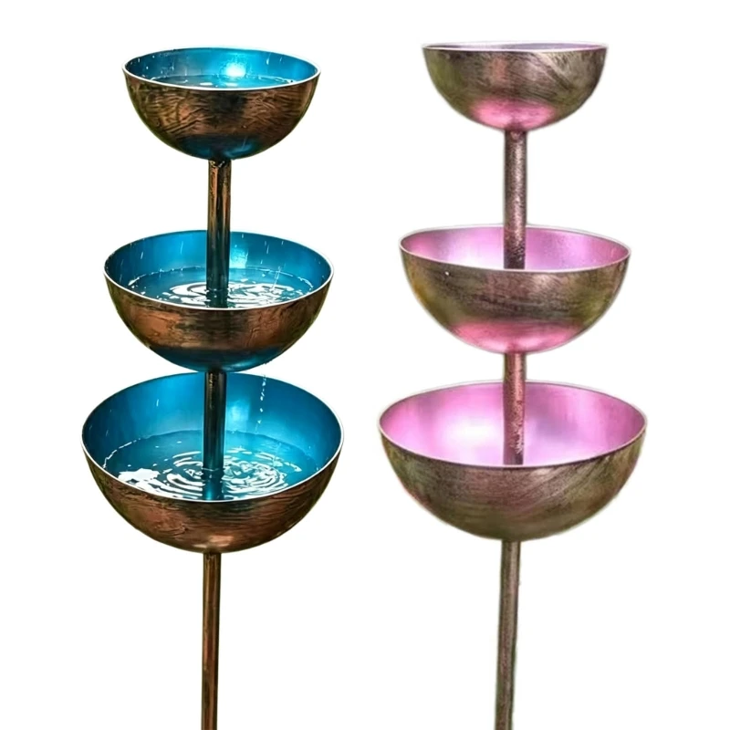 Garden Bird Bath Stake, Metal 3 Bowl Water Station with Soil Post for Flower Bed, Lawn and Open Yard Use KXRE