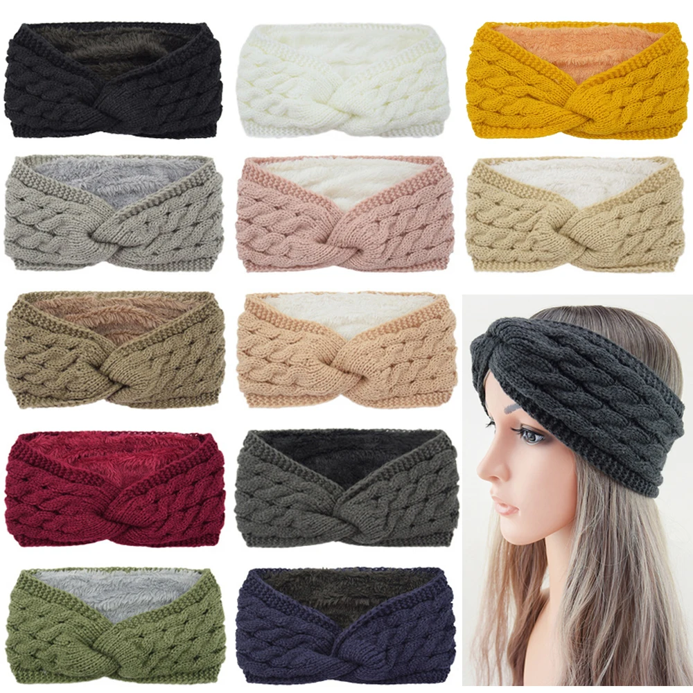 Winter Warm Plush Knitted Headband for Women Thickened Warmer Ear Hairband Woolen Knitting Elastic Turban Bandage Hair Band