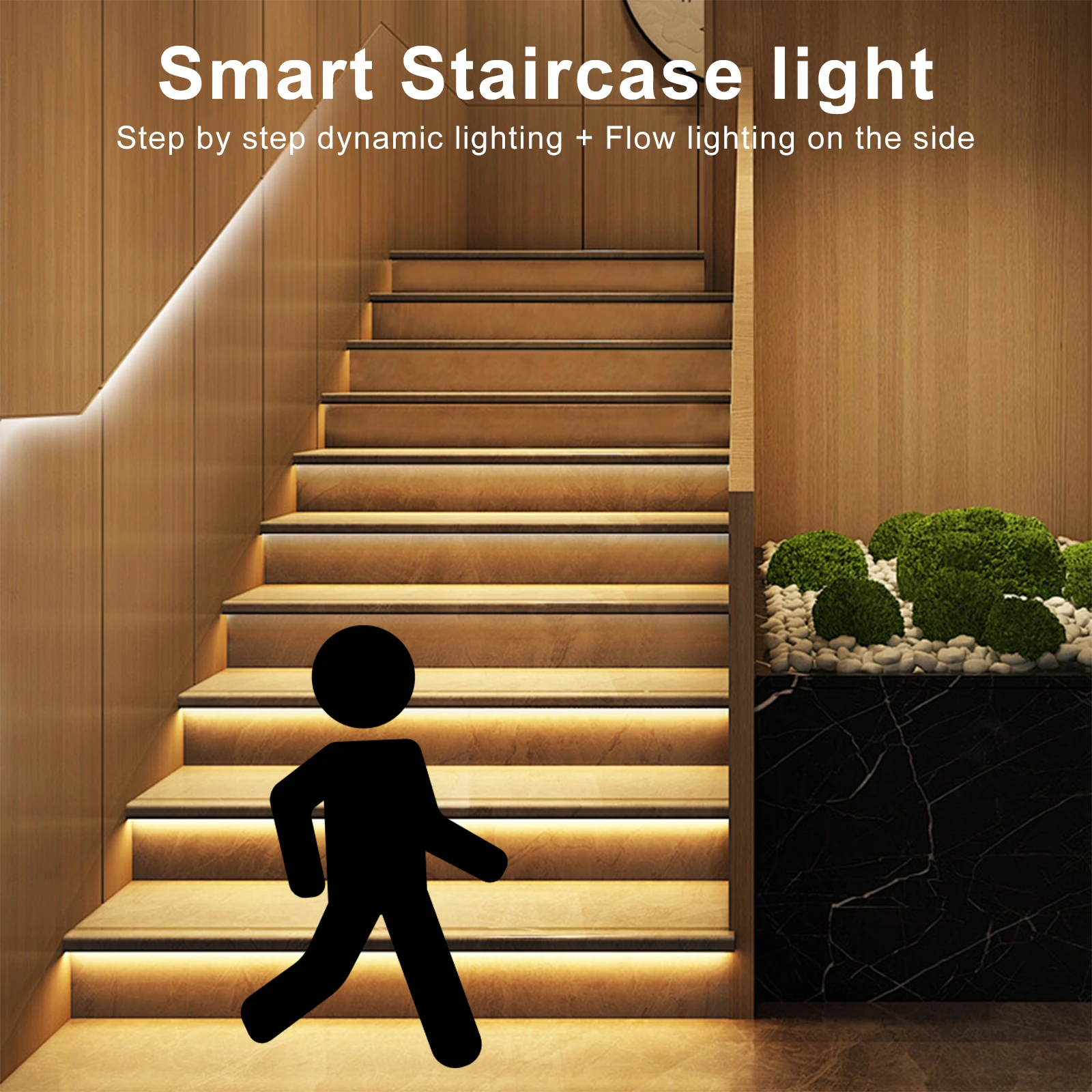 16 20 Steps Indoor Intelligent Motion Sensor Stair Light Kit with SPI Chasing Flow Lights Main Line Easy Install Smart Control