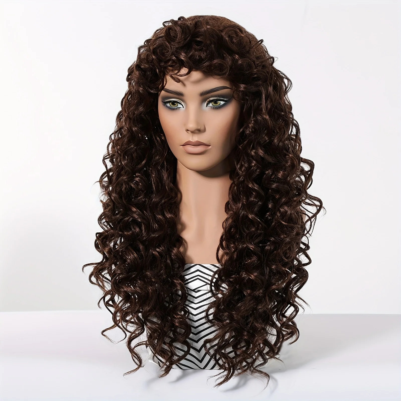 24-inch wig, deep brown curly hair wig with rose net cap, suitable for beginners, synthetic machine-woven wig