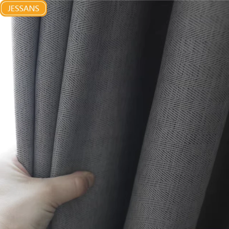 Custom Thickened Cotton Linen W Jacquard Dark Grain Dark Gray Blackout Partition Curtains for Bedroom Living Room French Window