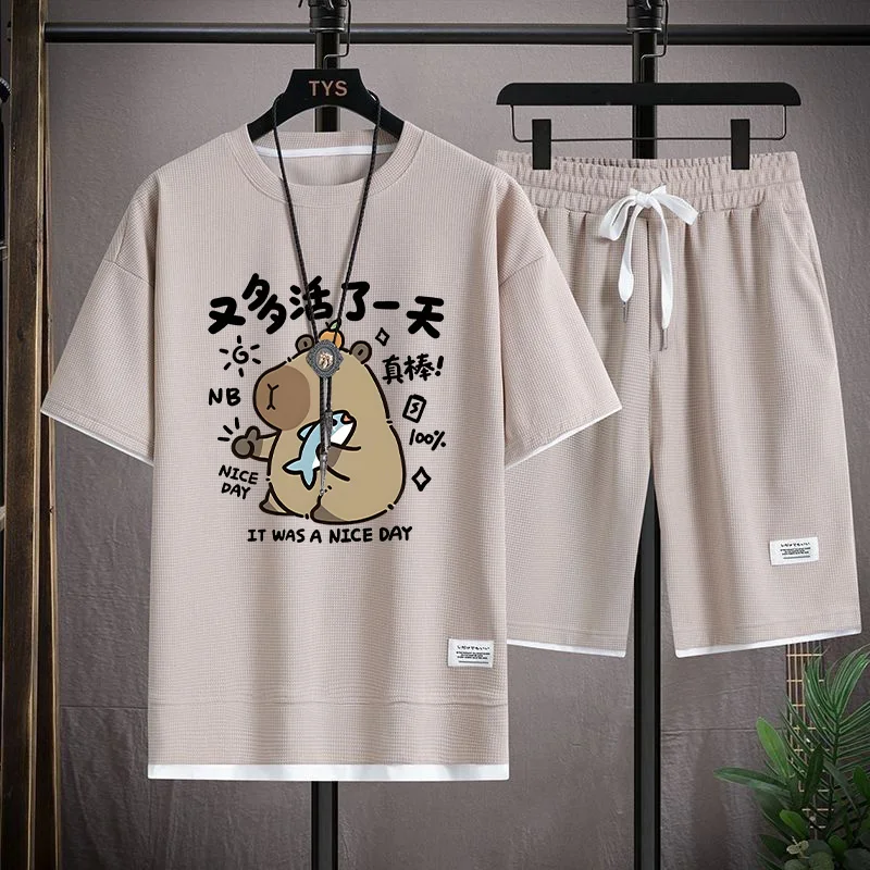 

Корейский модный клетчатый комплект: мужской летний спортивный костюм с шортами и футболкой, универсальный спортивный комплект из двух предметов