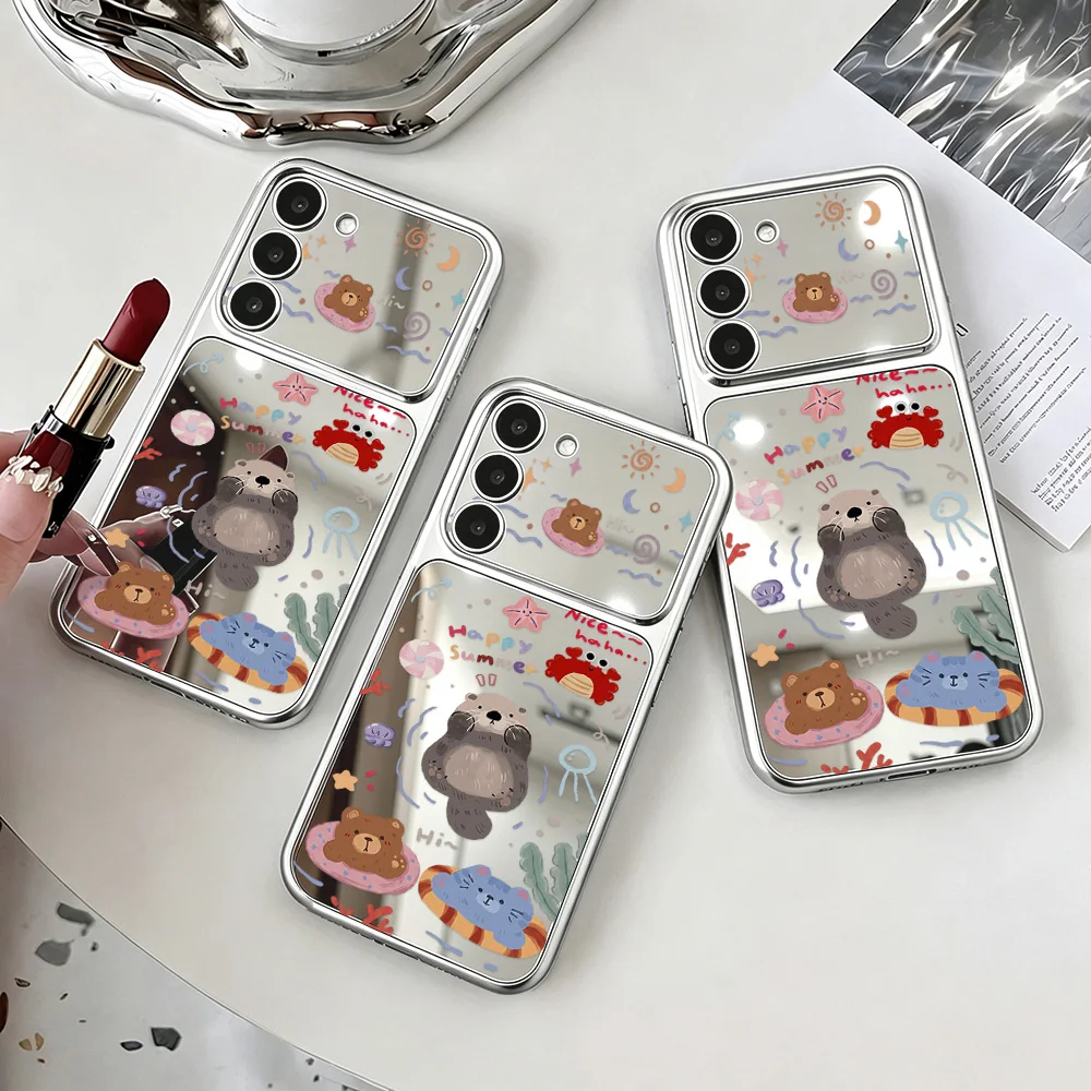 Cartoon Bear Mirror Case with Lanyard For Samsung A16 A17 A55 5G A56 A57 A37 A36 A35 A26 A07 A06 A54 A53 S26 S25 S24 Ultra S23FE