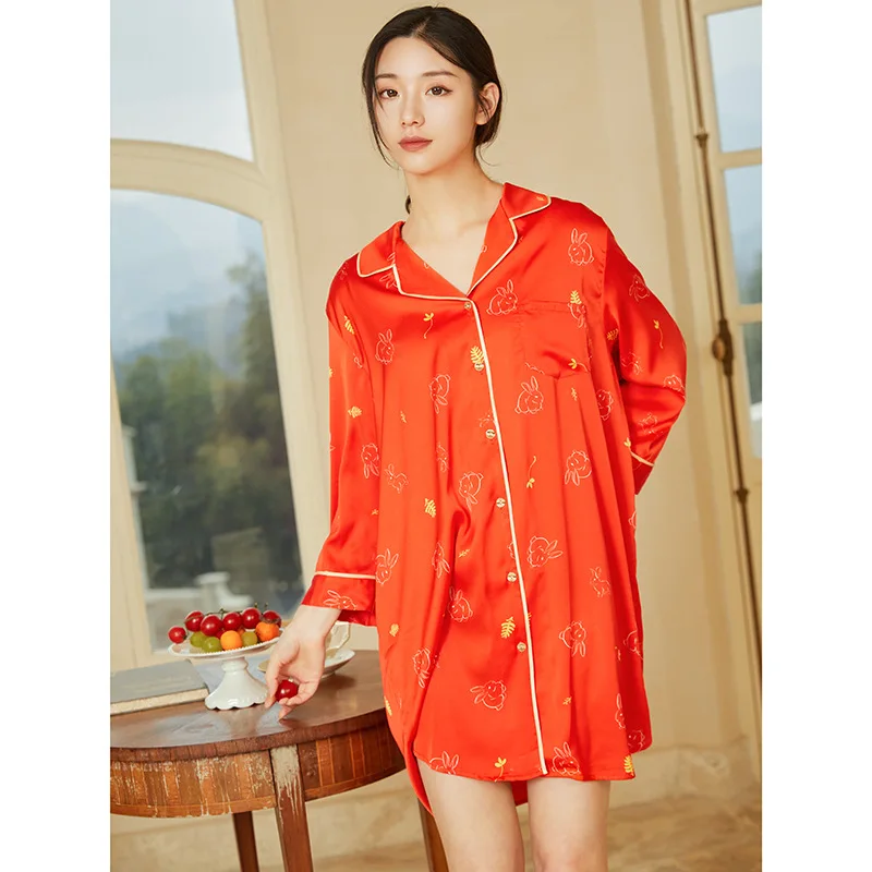 2023 New Nightdress For Women In Spring And Autumn, High-grade Feeling, Ice Silk For Women, Red Bunny Shirt, Lapel Button Style,