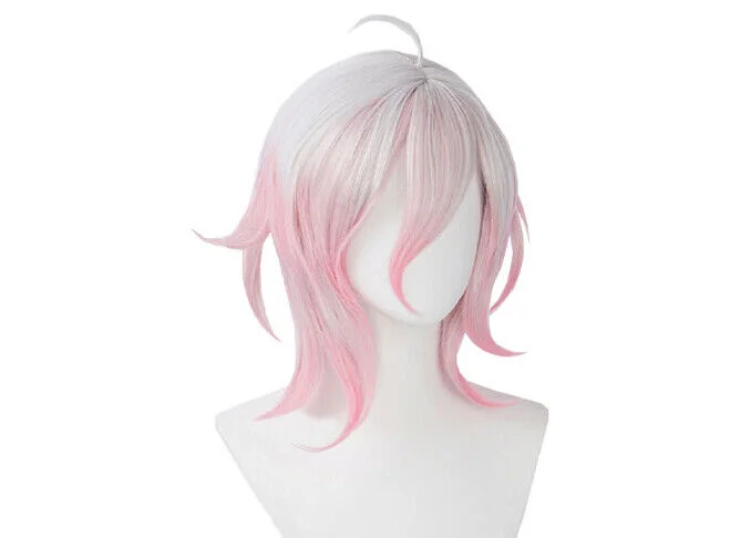 LOL Briar Cosplay Perucas, Cabelo Sintético, Longo Médio, Branco, Rosa Gradiente, 40cm