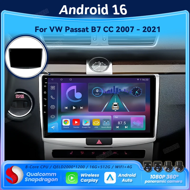 Android 16 Car Radio GPS Carplay Auto For Volkswagen VW Passat B6 B7 B8 CC 2007 2008 - 2021 Navigation Player WIFI Video Stereo