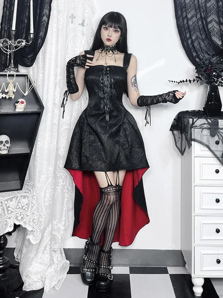 AltGoth Fairy Mall Gothic Kleid Frauen Ästhetische Kokette Streetwear Ärmellose Hohe Taille Bandage Korsett Kleid Cosplay Clubwear